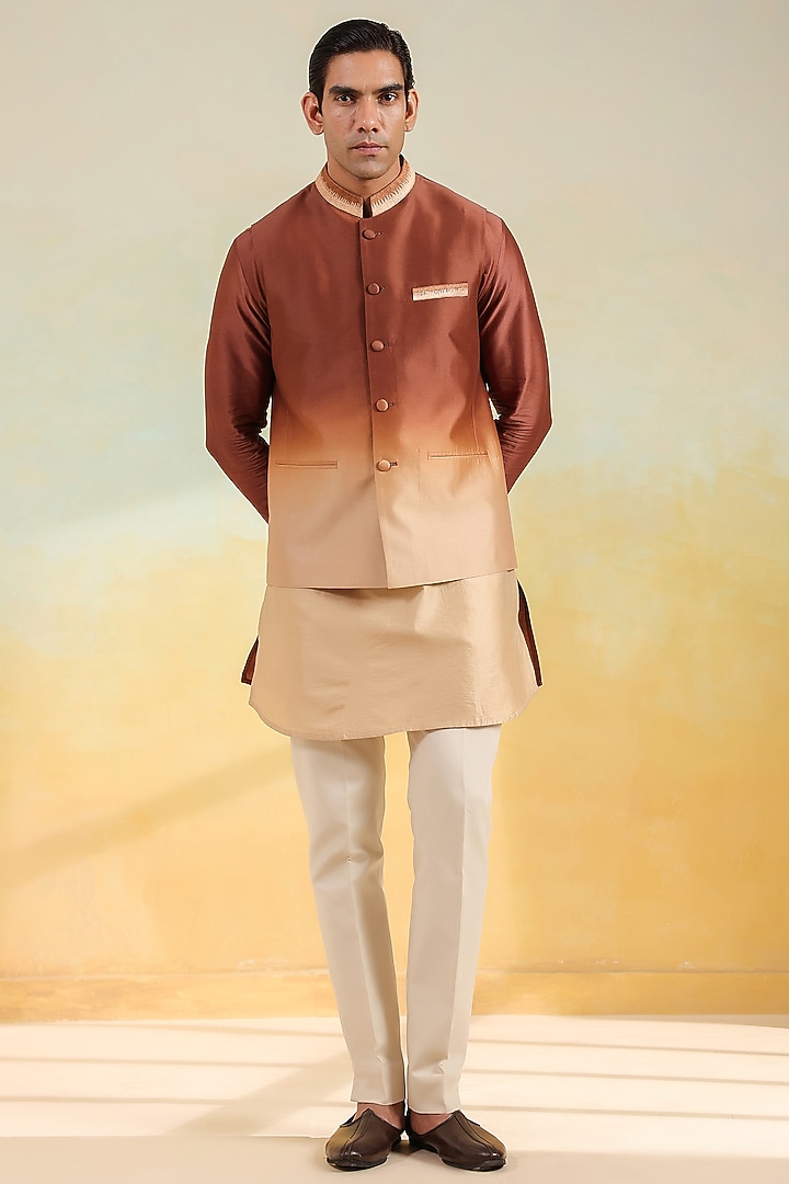 Brown & Beige Silk Chanderi Hand-Dyed Ombre Bundi Jacket Set by Niti Bothra Men at Pernia's Pop Up Shop
