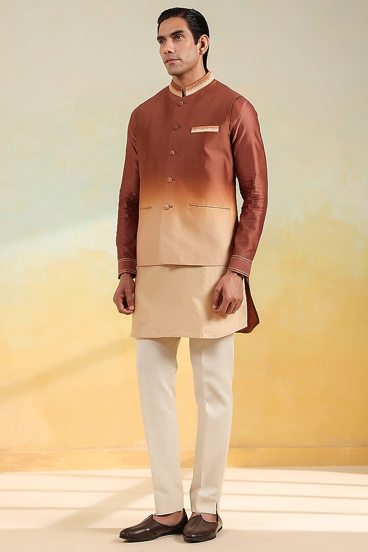 Brown & Beige Silk Chanderi Hand-Dyed Ombre Bundi Jacket Set by Niti Bothra Men at Pernia's Pop Up Shop