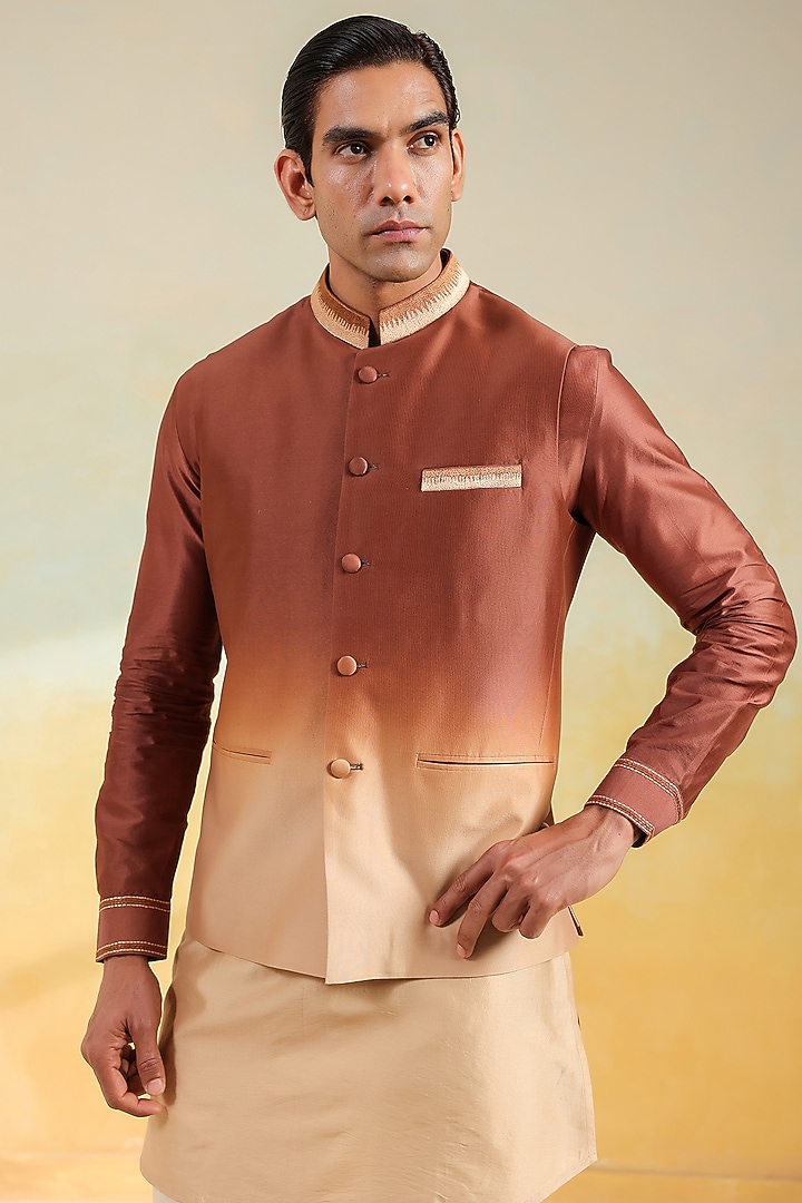 Brown & Beige Silk Chanderi Hand-Dyed Ombre Bundi Jacket Set by Niti Bothra Men at Pernia's Pop Up Shop