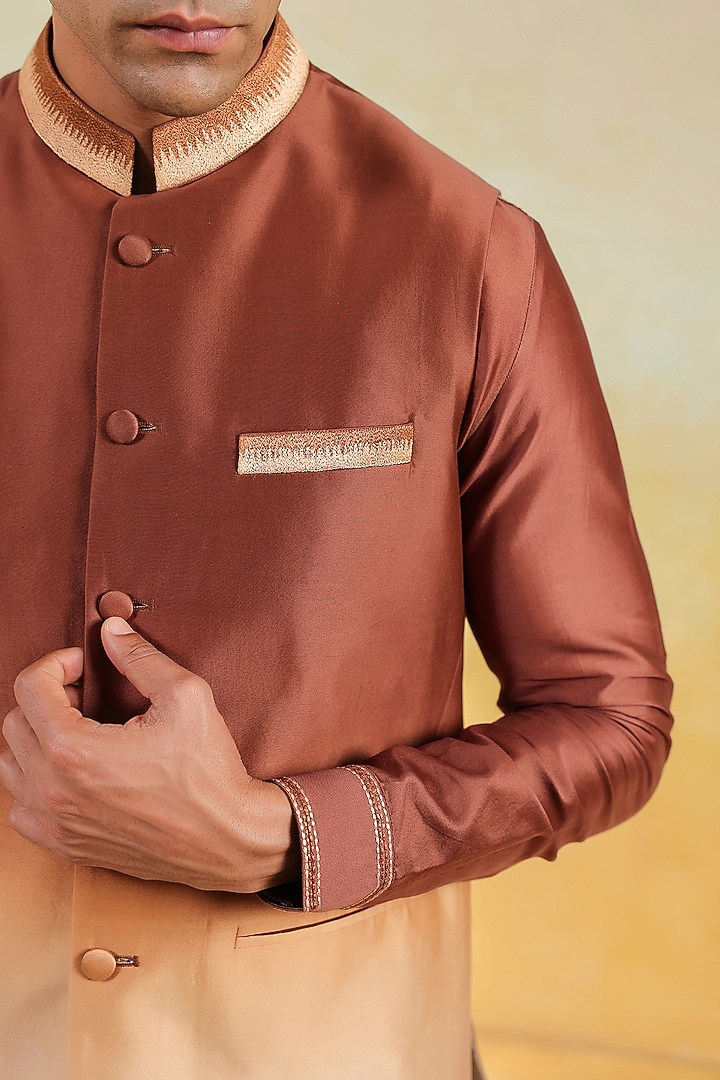 Brown & Beige Silk Chanderi Hand-Dyed Ombre Bundi Jacket Set by Niti Bothra Men at Pernia's Pop Up Shop