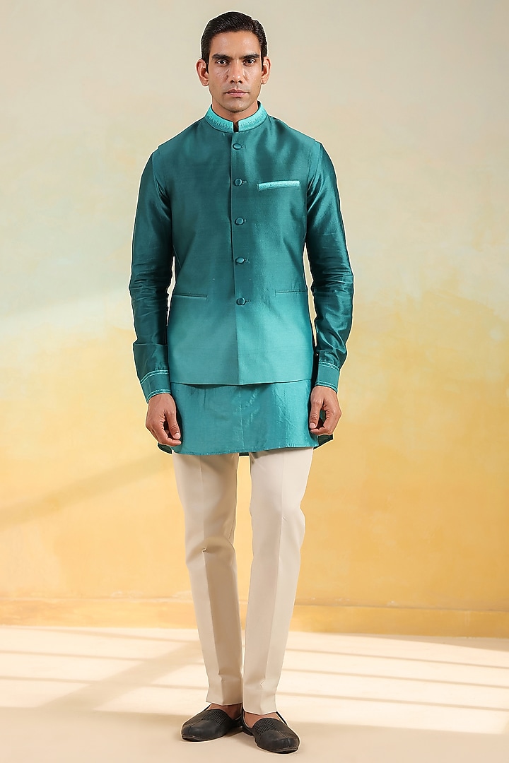 Teal Blue Chanderi Silk Hand-Dyed Ombre Bundi Jacket Set by Niti Bothra Men at Pernia's Pop Up Shop