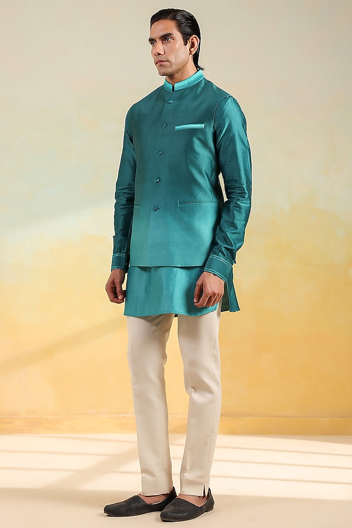 Teal Blue Chanderi Silk Hand-Dyed Ombre Bundi Jacket Set by Niti Bothra Men at Pernia's Pop Up Shop