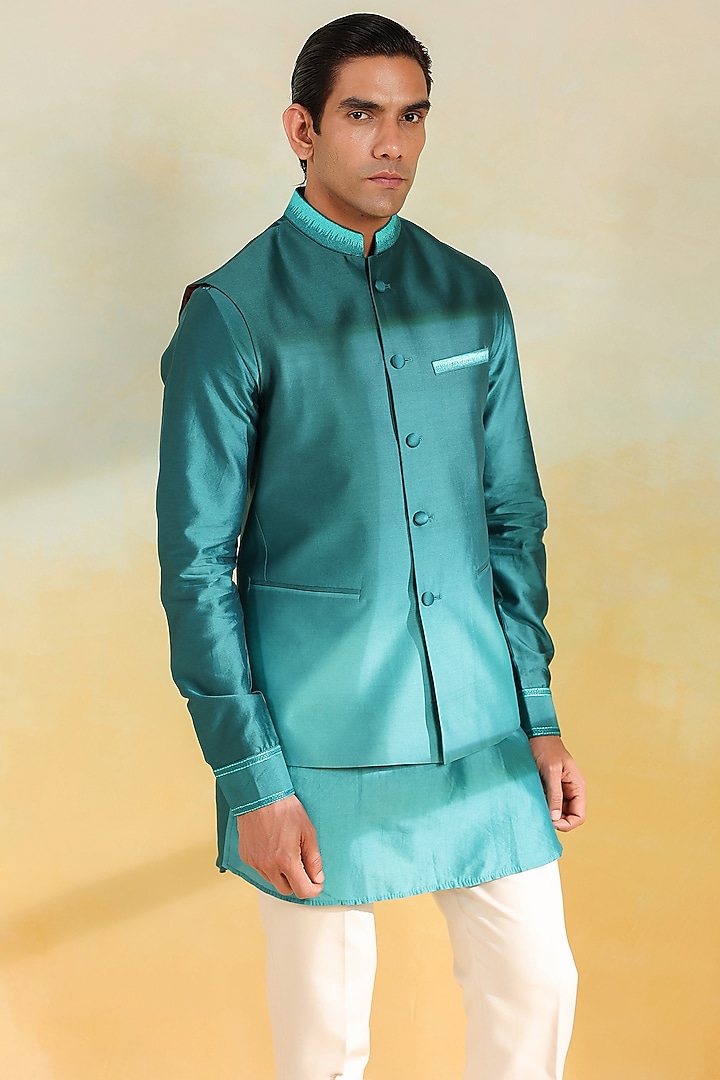 Teal Blue Chanderi Silk Hand-Dyed Ombre Bundi Jacket Set by Niti Bothra Men at Pernia's Pop Up Shop