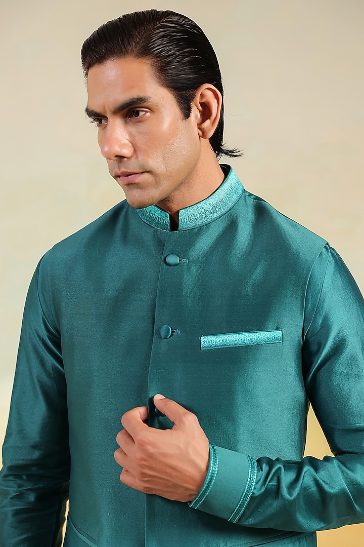 Teal Blue Chanderi Silk Hand-Dyed Ombre Bundi Jacket Set by Niti Bothra Men at Pernia's Pop Up Shop