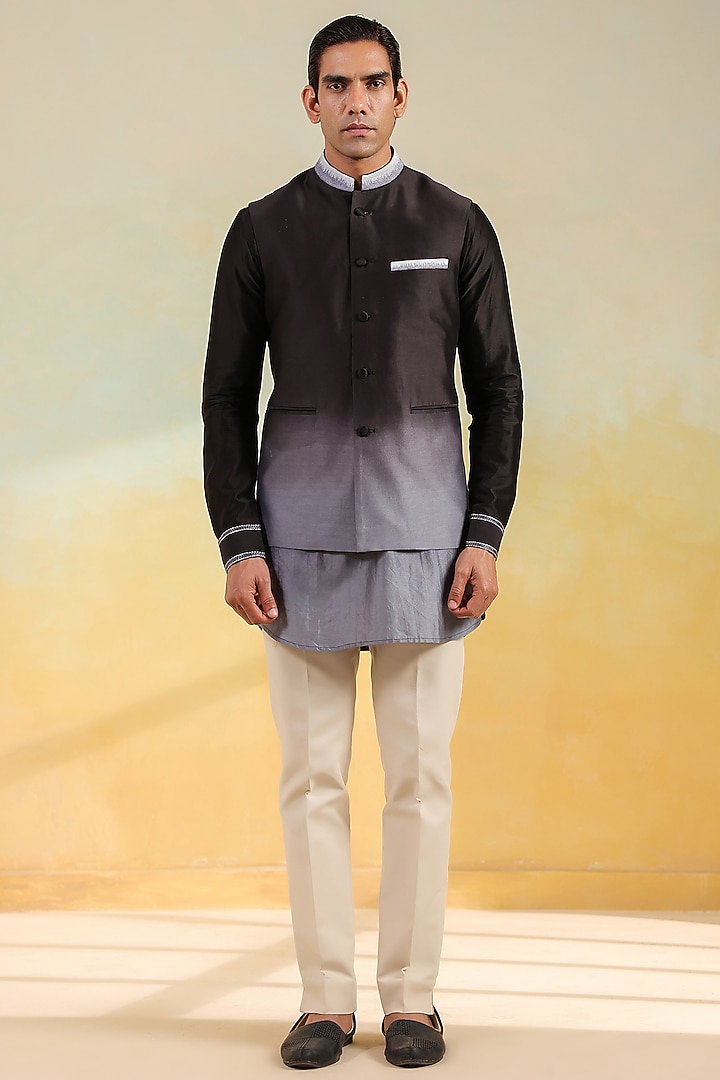 Black & Grey Chanderi Silk Hand-Dyed Ombre Bundi Jacket Set by Niti Bothra Men at Pernia's Pop Up Shop