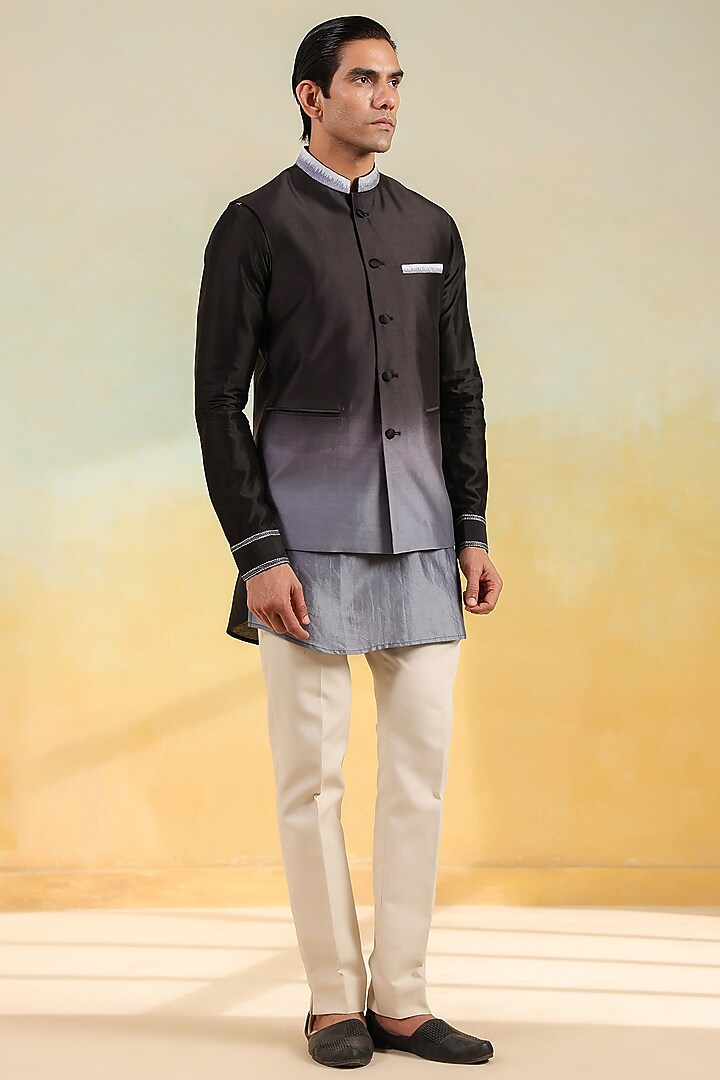 Black & Grey Chanderi Silk Hand-Dyed Ombre Bundi Jacket Set by Niti Bothra Men at Pernia's Pop Up Shop