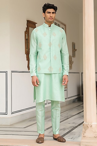Mint Green Chanderi Silk Thread Embroidered Bundi Jacket Set by Niti Bothra Men