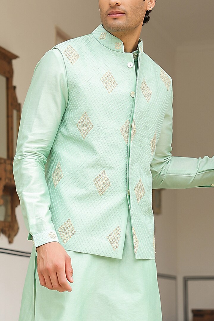 Mint Green Chanderi Silk Thread Embroidered Bundi Jacket by Niti Bothra Men at Pernia's Pop Up Shop