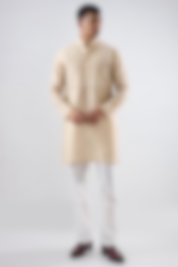 Beige Silk Tencel Resham Embroidered Kurta Set by Niti Bothra Men at Pernia's Pop Up Shop
