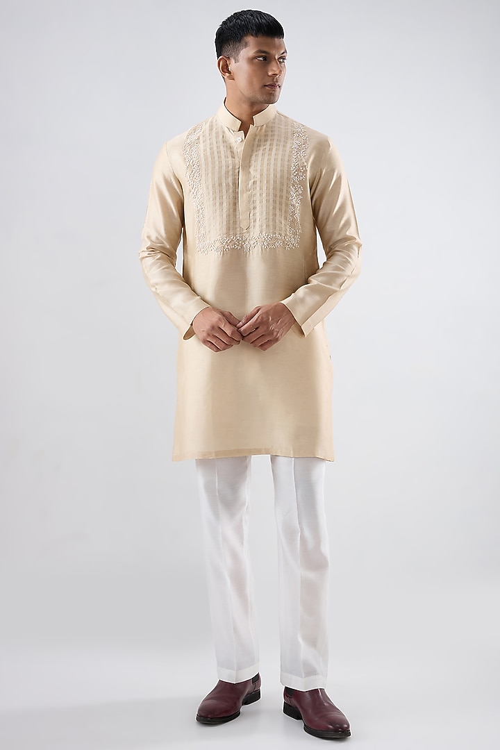 Beige Silk Tencel Resham Embroidered Kurta Set by Niti Bothra Men at Pernia's Pop Up Shop