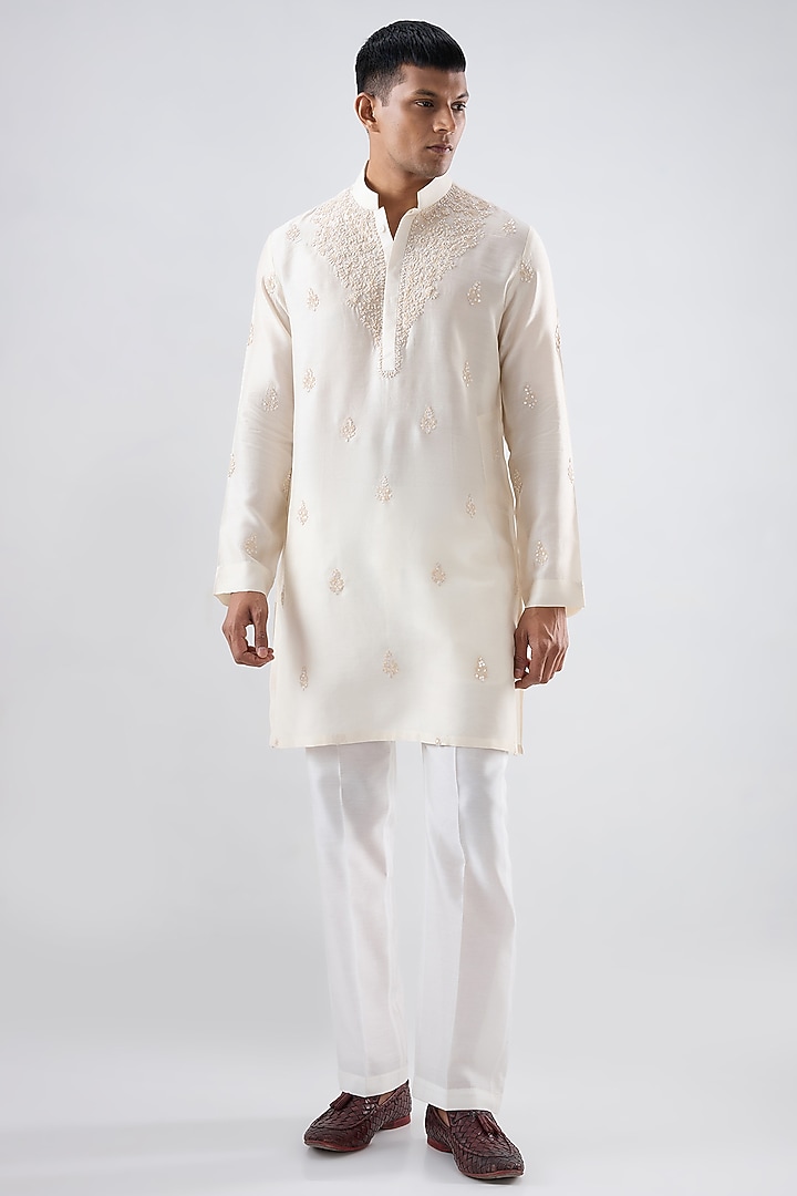 Ivory Silk Tencel Resham Embroidered Kurta Set by Niti Bothra Men at Pernia's Pop Up Shop