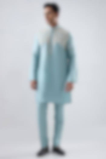 Blue Silk Tencel Resham Embroidered Kurta Set by Niti Bothra Men at Pernia's Pop Up Shop