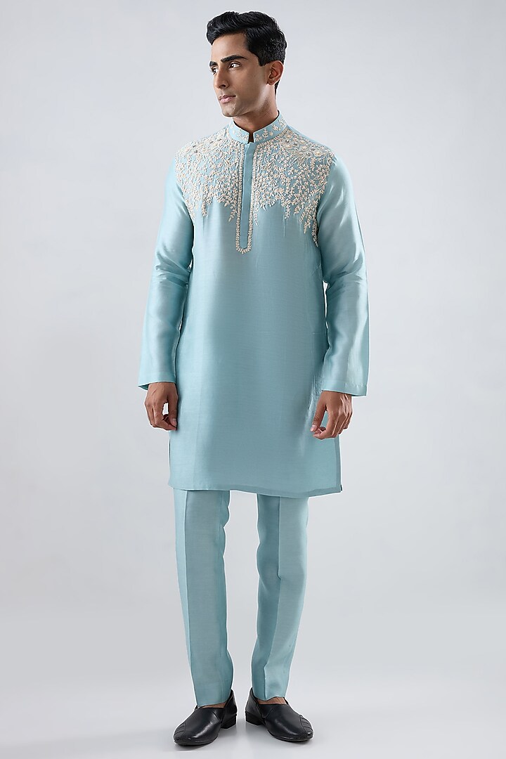 Blue Silk Tencel Resham Embroidered Kurta Set by Niti Bothra Men at Pernia's Pop Up Shop