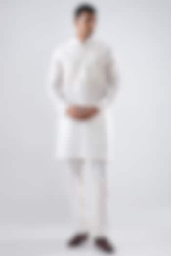 Ivory Silk Tencel Pintuck Kurta Set by Niti Bothra Men at Pernia's Pop Up Shop