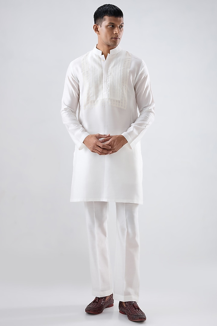 Ivory Silk Tencel Pintuck Kurta Set by Niti Bothra Men at Pernia's Pop Up Shop
