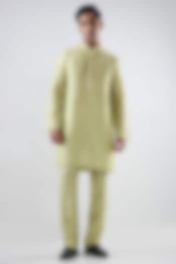 Green Silk Tencel Resham Embroidered Kurta Set by Niti Bothra Men at Pernia's Pop Up Shop