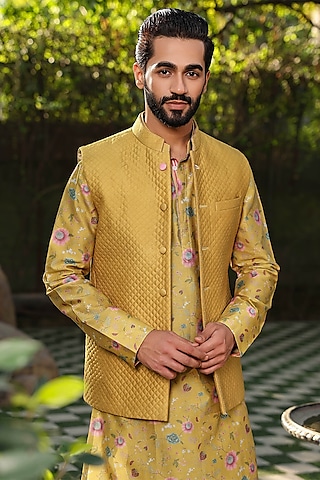 Yellow Fine Silk Chanderi Quilted Bundi Jacket by Niti Bothra Men