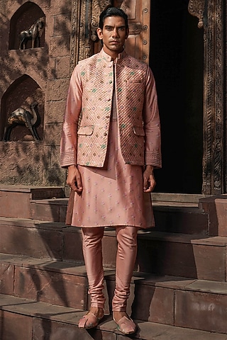 Blush Pink Fine Silk Chanderi Printed Bundi Jacket Set by Niti Bothra Men