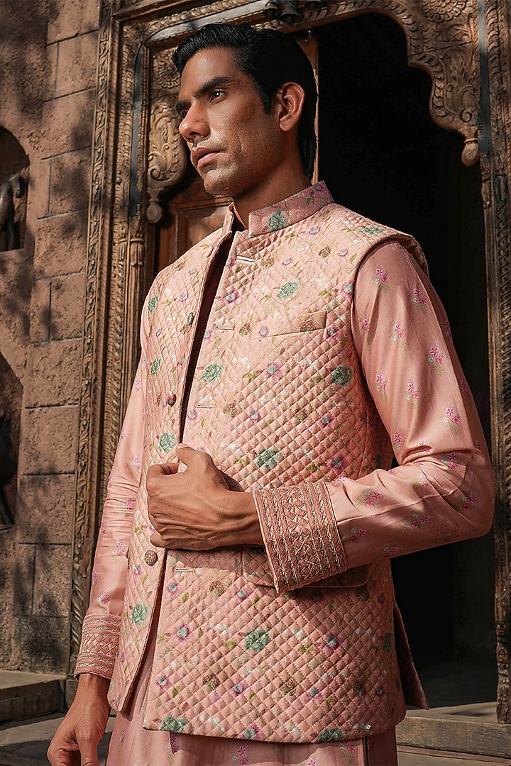 Blush Pink Fine Silk Chanderi Printed Bundi Jacket Set by Niti Bothra Men at Pernia's Pop Up Shop