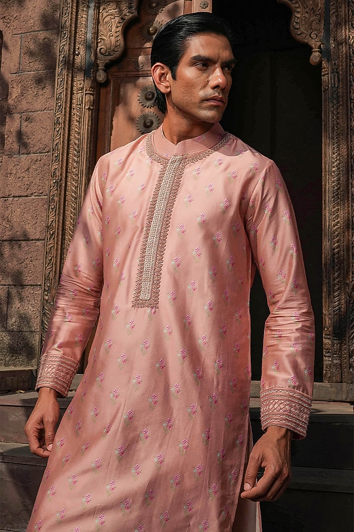 Blush Pink Fine Silk Chanderi Printed Bundi Jacket Set by Niti Bothra Men at Pernia's Pop Up Shop