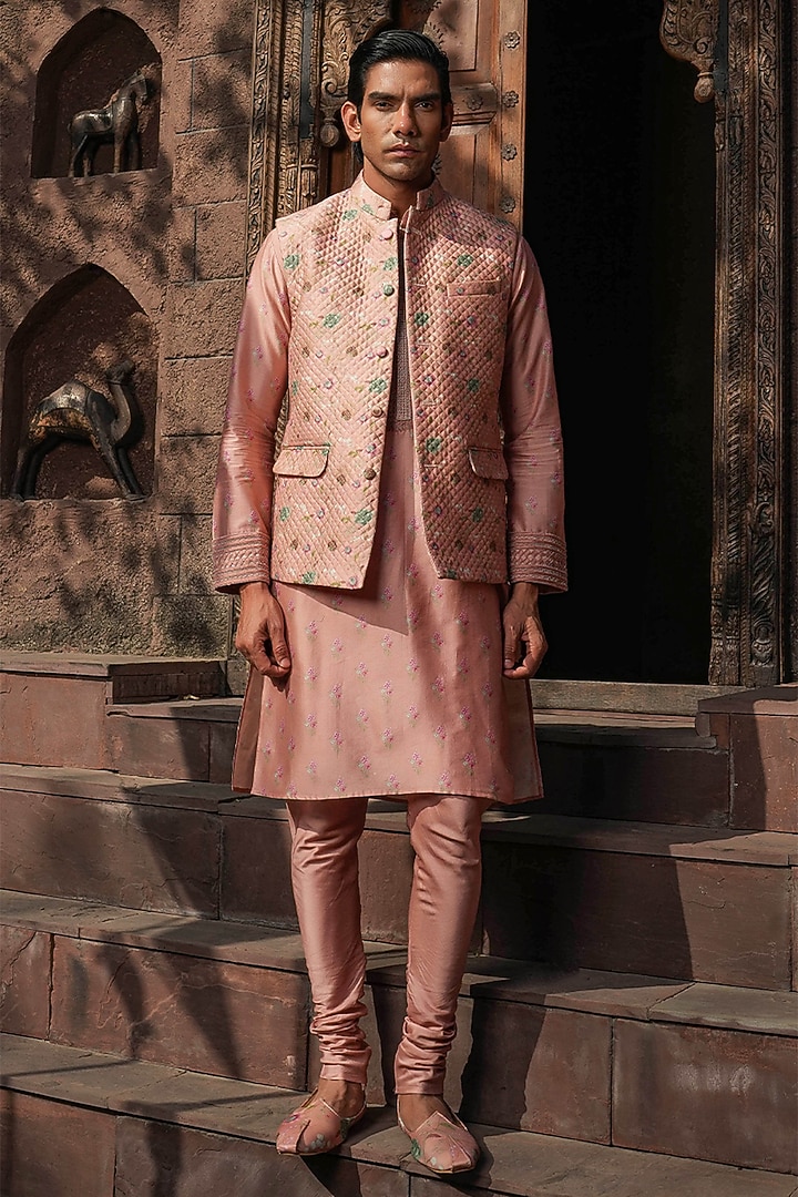 Blush Pink Fine Silk Chanderi Printed Bundi Jacket by Niti Bothra Men at Pernia's Pop Up Shop