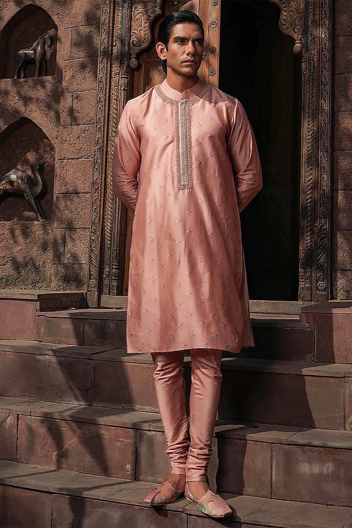 Blush Pink Fine Silk Chanderi Hand Embroidered Kurta Set by Niti Bothra Men