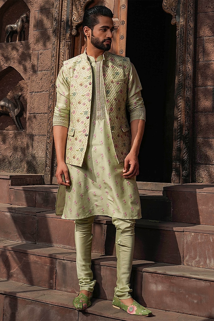 Mint Green Fine Silk Chanderi Printed Bundi Jacket Set by Niti Bothra Men at Pernia's Pop Up Shop