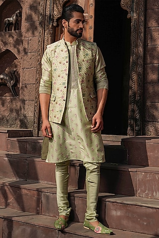 Mint Green Fine Silk Chanderi Printed Bundi Jacket Set by Niti Bothra Men