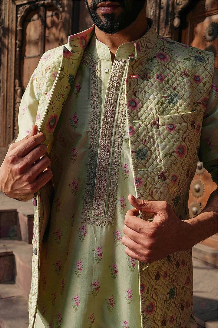 Mint Green Fine Silk Chanderi Printed Bundi Jacket Set by Niti Bothra Men at Pernia's Pop Up Shop