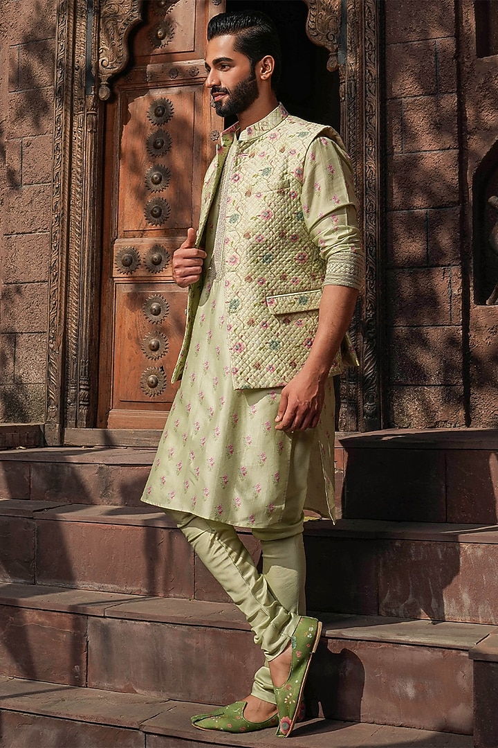 Mint Green Fine Silk Chanderi Printed Bundi Jacket Set by Niti Bothra Men at Pernia's Pop Up Shop