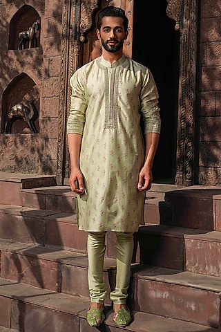 Mint Green Fine Silk Chanderi Hand Embroidered Kurta Set by Niti Bothra Men