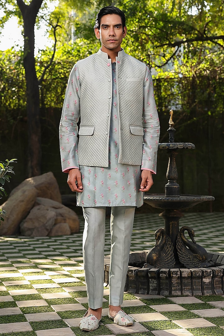 Blue Fine Silk Chanderi Printed Bundi Jacket Set by Niti Bothra Men at Pernia's Pop Up Shop