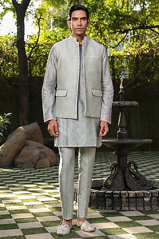 Blue Fine Silk Chanderi Printed Bundi Jacket Set by Niti Bothra Men