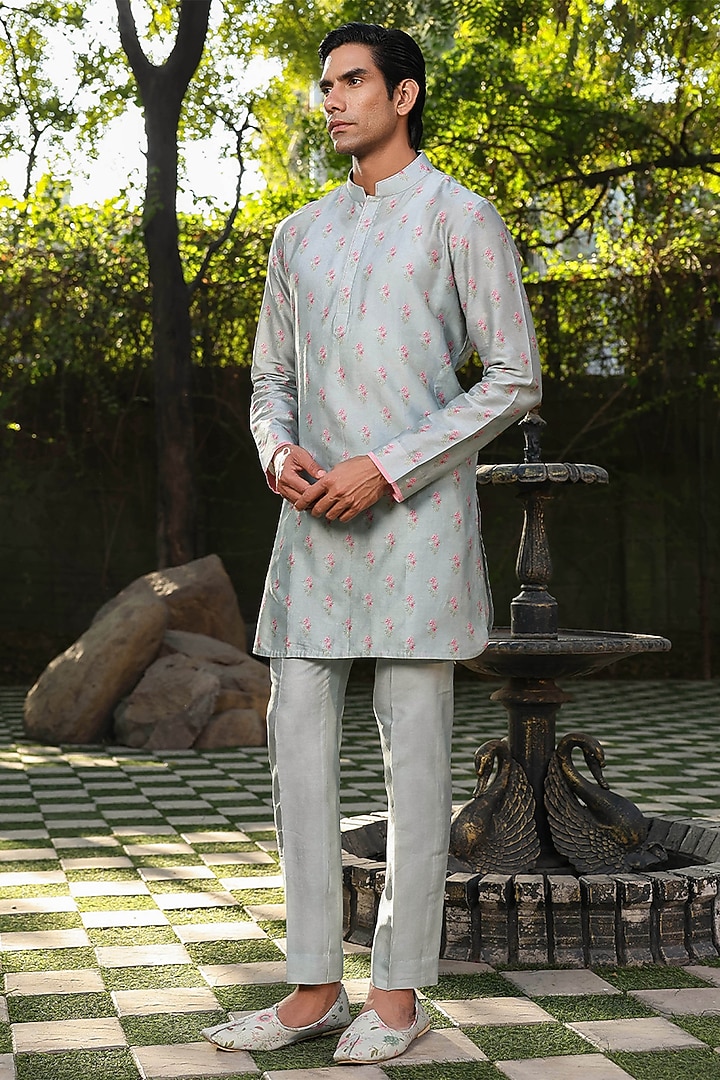Blue Fine Silk Chanderi Printed Bundi Jacket Set by Niti Bothra Men at Pernia's Pop Up Shop