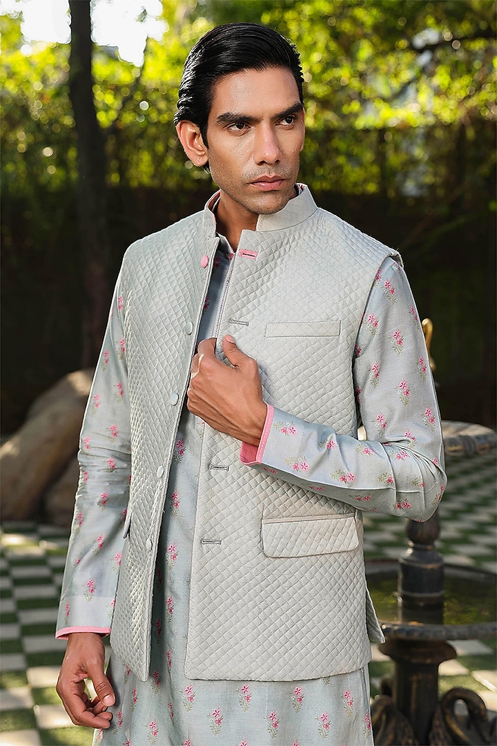 Blue Fine Silk Chanderi Printed Bundi Jacket by Niti Bothra Men at Pernia's Pop Up Shop