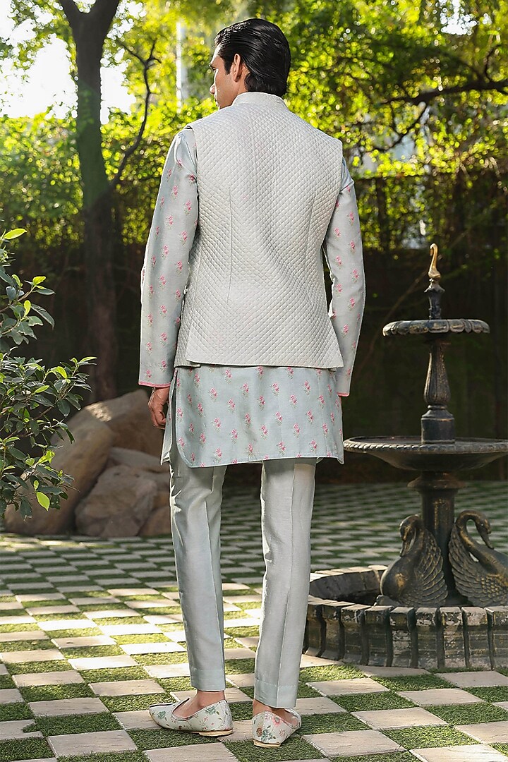 Blue Fine Silk Chanderi Printed Bundi Jacket by Niti Bothra Men at Pernia's Pop Up Shop