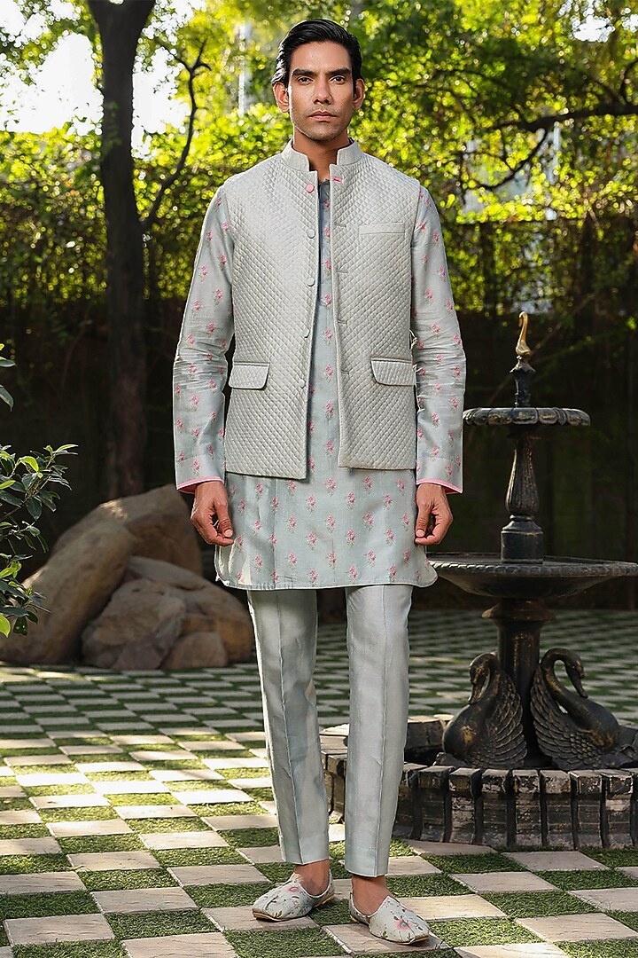 Blue Fine Silk Chanderi Printed Bundi Jacket by Niti Bothra Men at Pernia's Pop Up Shop