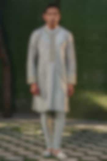 Blue Fine Silk Chanderi Hand Embroidered Kurta Set by Niti Bothra Men at Pernia's Pop Up Shop