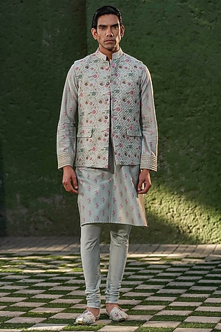 Blue Fine Silk Chanderi Printed Bundi Jacket Set by Niti Bothra Men