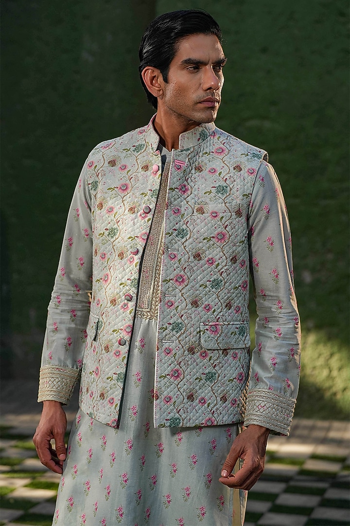 Blue Fine Silk Chanderi Printed Bundi Jacket Set by Niti Bothra Men at Pernia's Pop Up Shop