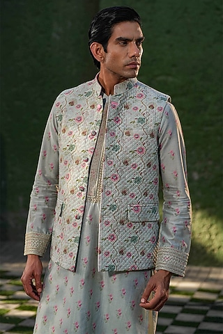 Blue Fine Silk Chanderi Printed Bundi Jacket by Niti Bothra Men