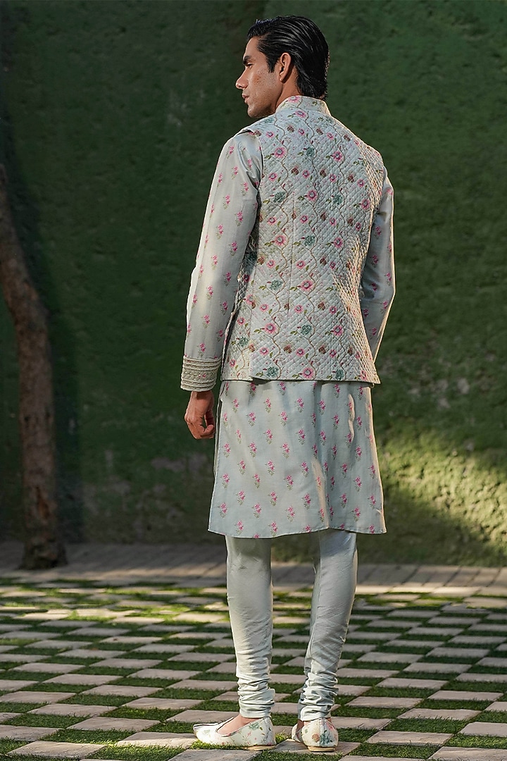 Blue Fine Silk Chanderi Printed Bundi Jacket by Niti Bothra Men at Pernia's Pop Up Shop