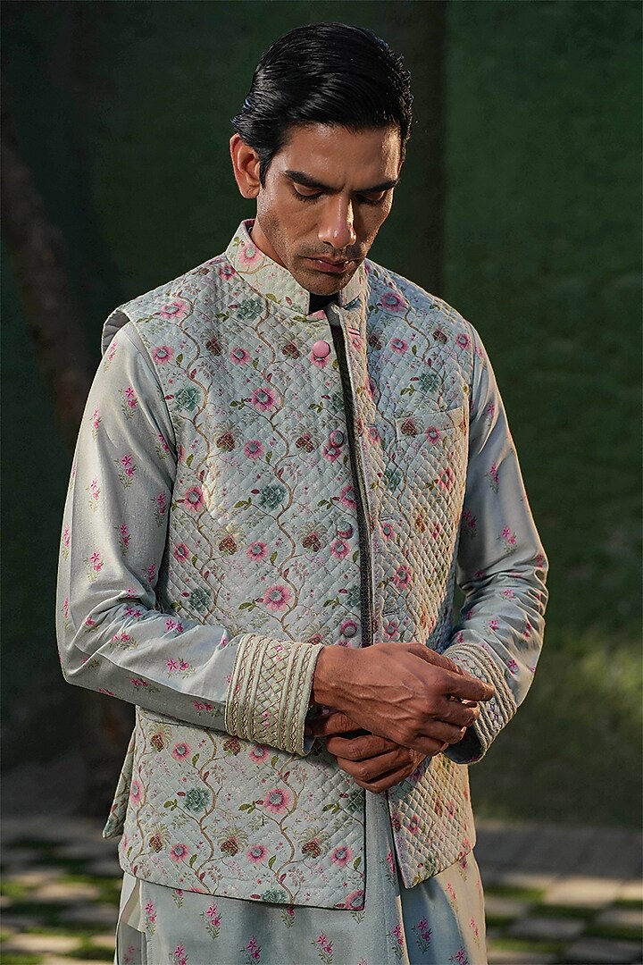 Blue Fine Silk Chanderi Printed Bundi Jacket by Niti Bothra Men at Pernia's Pop Up Shop