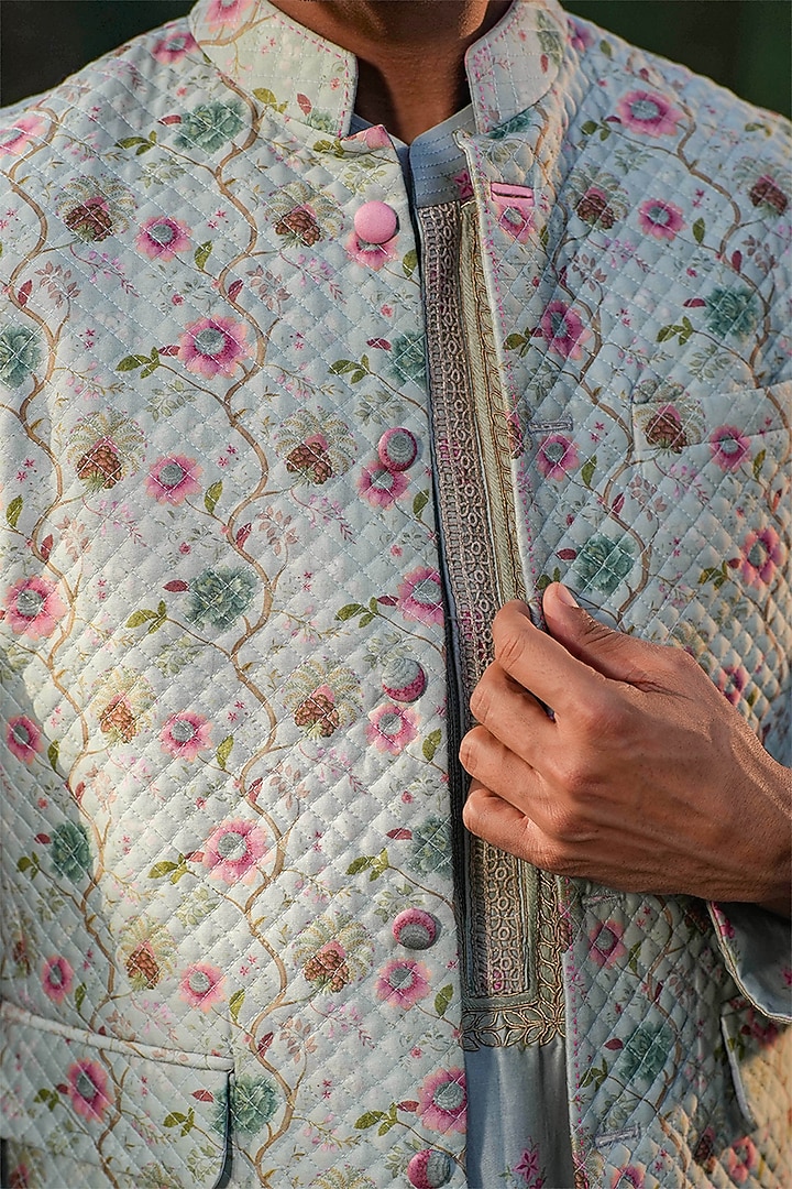 Blue Fine Silk Chanderi Printed Bundi Jacket by Niti Bothra Men at Pernia's Pop Up Shop
