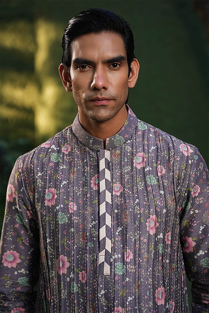 Purple Fine Silk Chanderi Kantha Stitch Embroidered Kurta Set by Niti Bothra Men at Pernia's Pop Up Shop