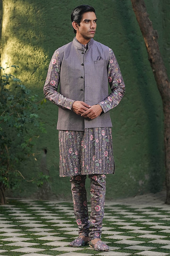 Purple Fine Silk Chanderi Kantha Stitch Embroidered Bundi Jacket Set by Niti Bothra Men