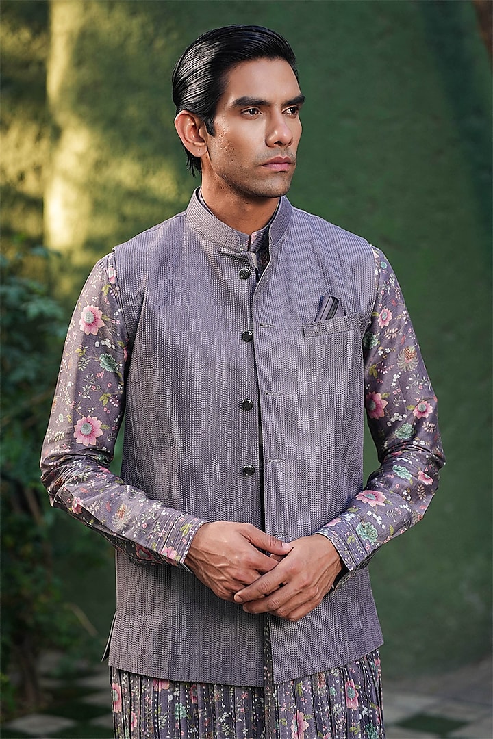 Purple Fine Silk Chanderi Kantha Stitch Embroidered Bundi Jacket by Niti Bothra Men