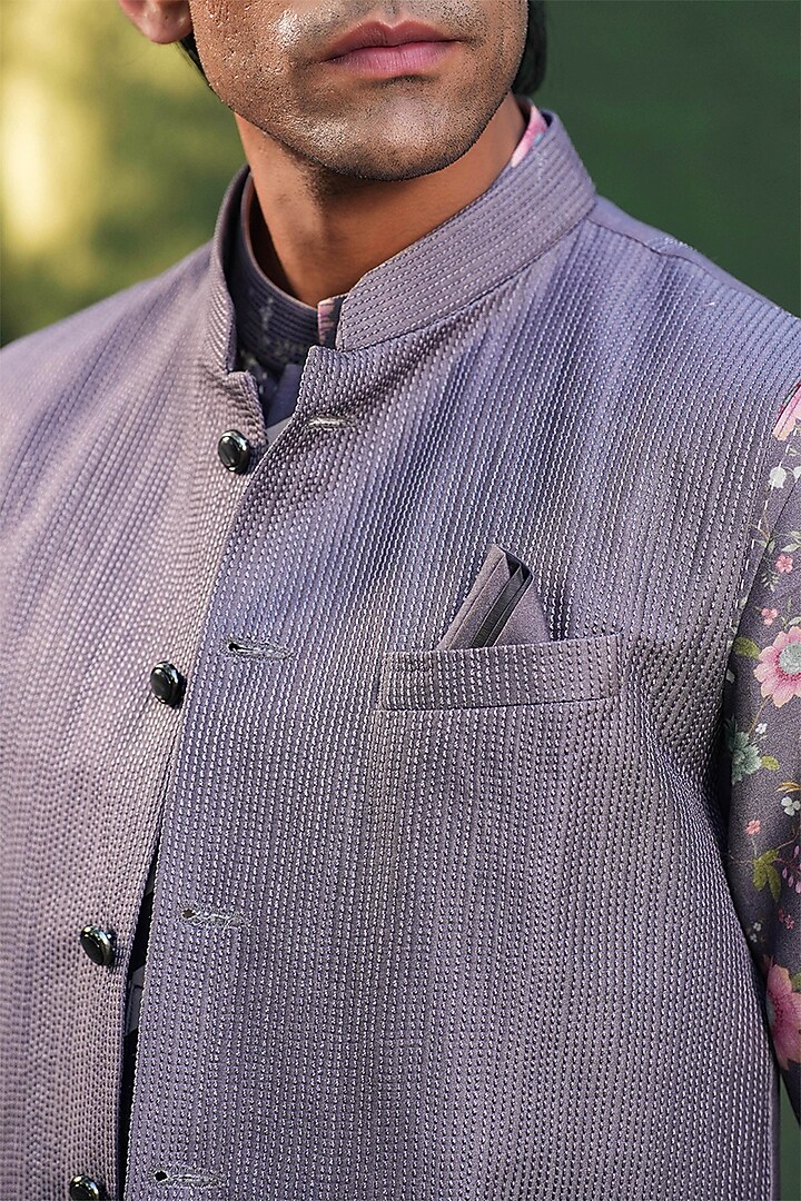Purple Fine Silk Chanderi Kantha Stitch Embroidered Bundi Jacket by Niti Bothra Men at Pernia's Pop Up Shop