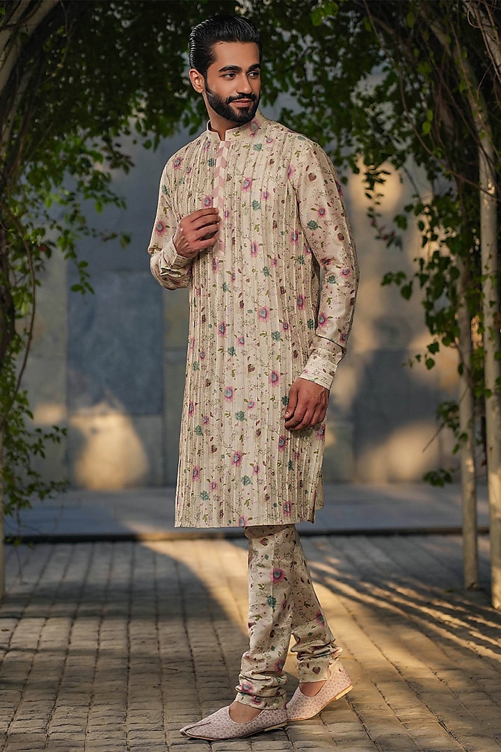 Ivory Fine Silk Chanderi Embroidered & Printed Kurta Set by Niti Bothra Men