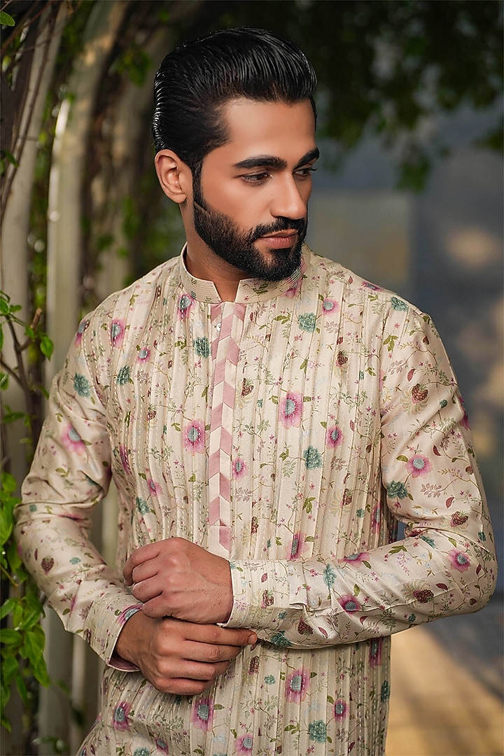 Ivory Fine Silk Chanderi Embroidered & Printed Kurta Set by Niti Bothra Men at Pernia's Pop Up Shop